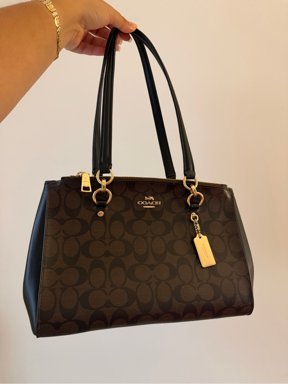 Coach Brown Signature Canvas Tote with Black Leather Straps and Gold Hardware